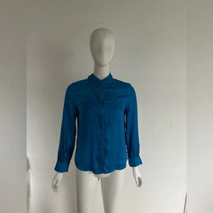NEW Zara Size Medium Satin Effect Blouse Royal Blue Open back long Sleeve Sz XS